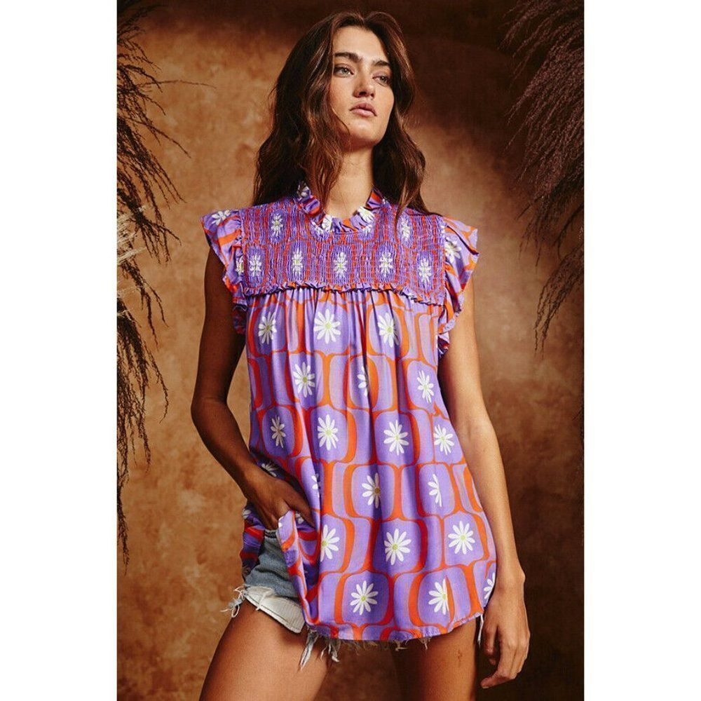 SALE! Bucketlist Retro Floral Geometric Print Top Smocked Detail S-L New T1421-1 - Picture 9 of 12
